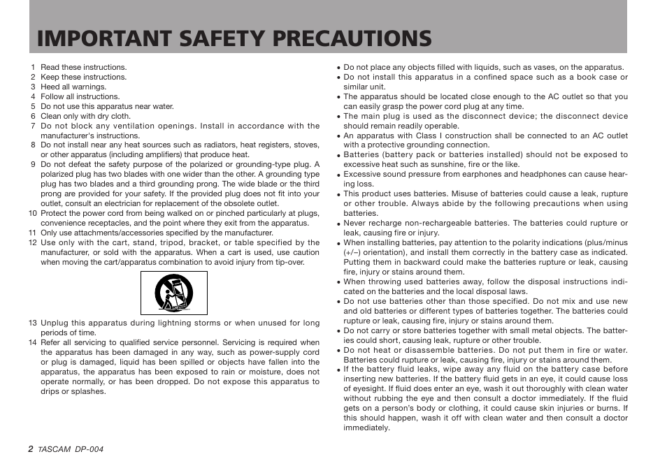 Important safety precautions | Tascam DP-004 User Manual | Page 2 / 112