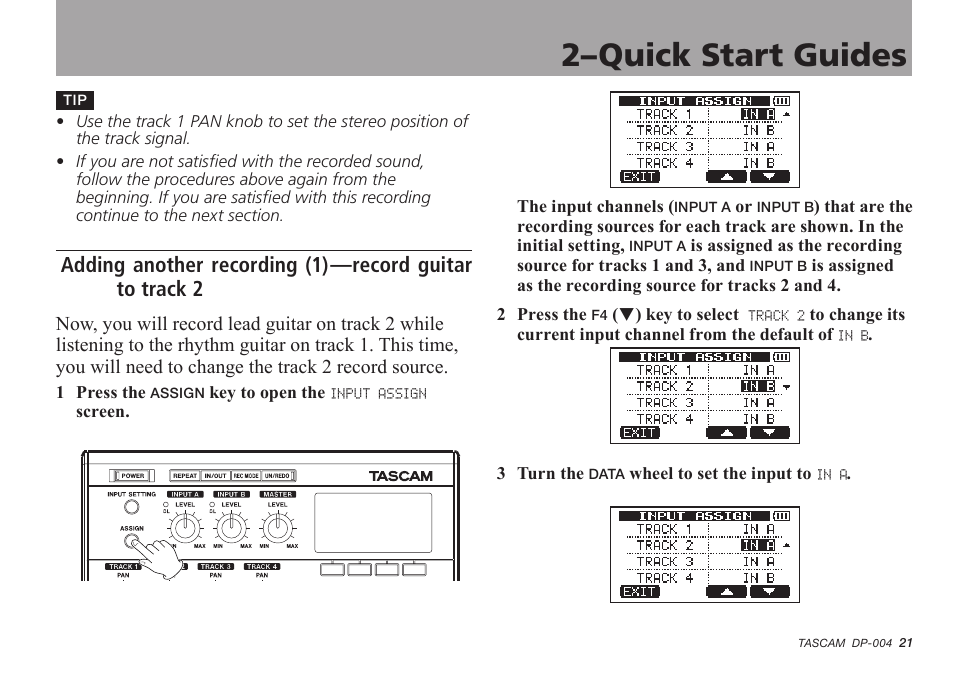 Adding another recording (1), 2–quick start guides | Tascam DP-004 User Manual | Page 21 / 112