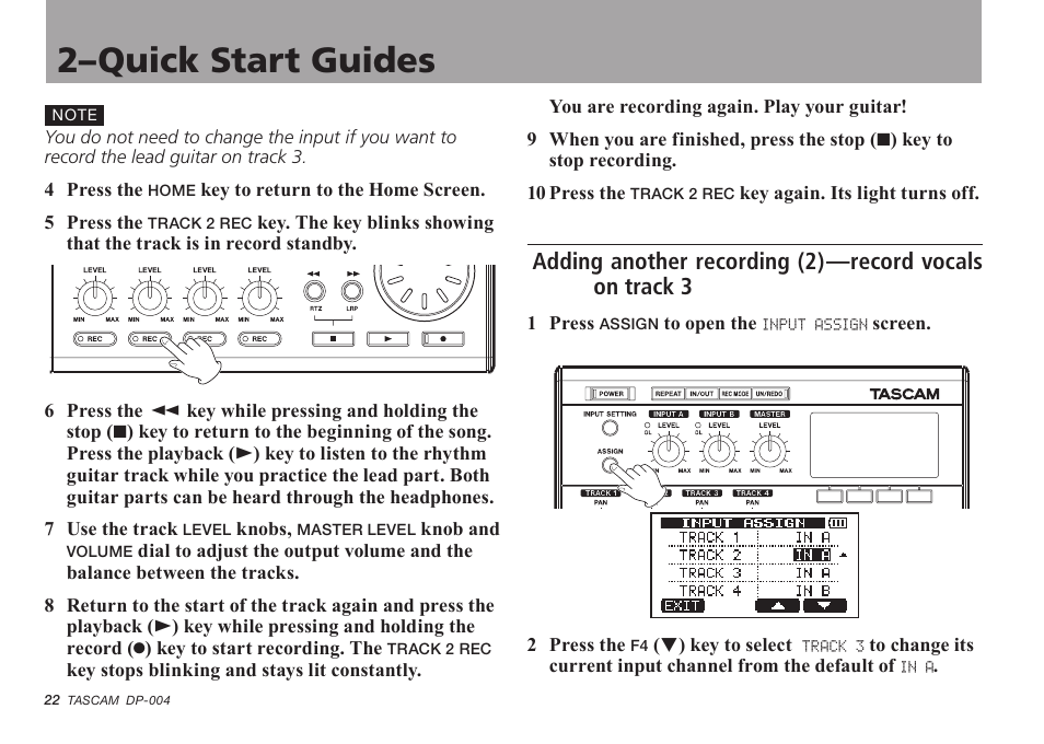 1 and “adding another recording (2)” on, 2–quick start guides | Tascam DP-004 User Manual | Page 22 / 112