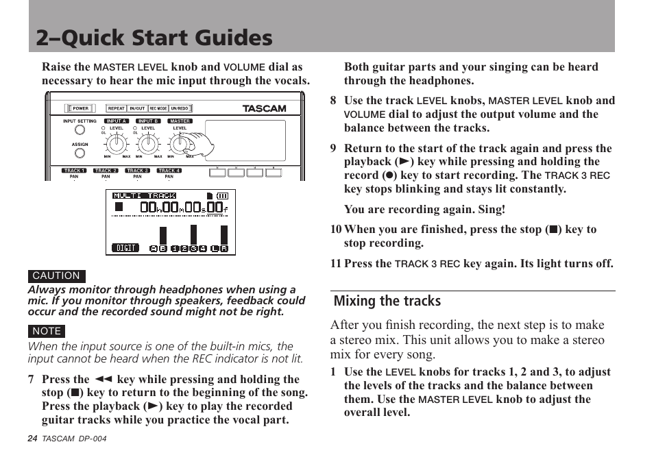 Mixing the tracks, 2–quick start guides | Tascam DP-004 User Manual | Page 24 / 112