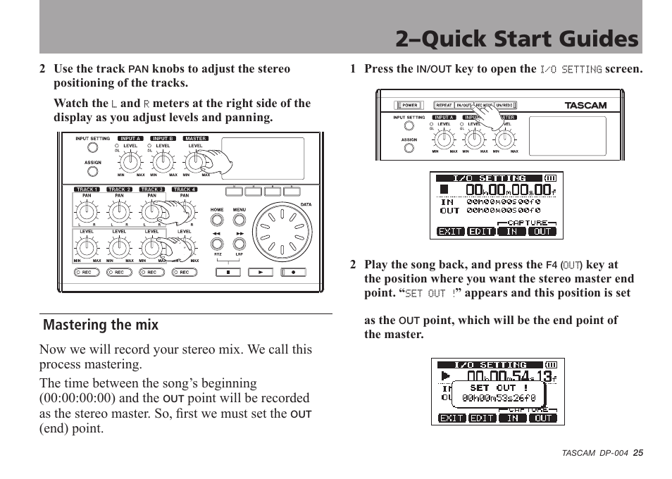 Mastering the mix, 2–quick start guides | Tascam DP-004 User Manual | Page 25 / 112