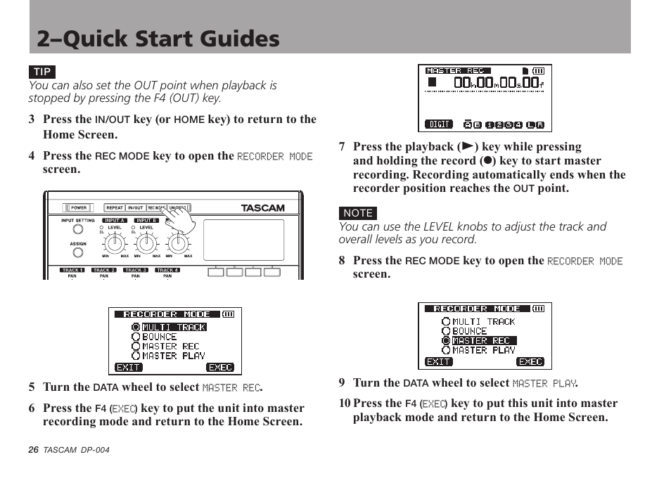 2–quick start guides | Tascam DP-004 User Manual | Page 26 / 112