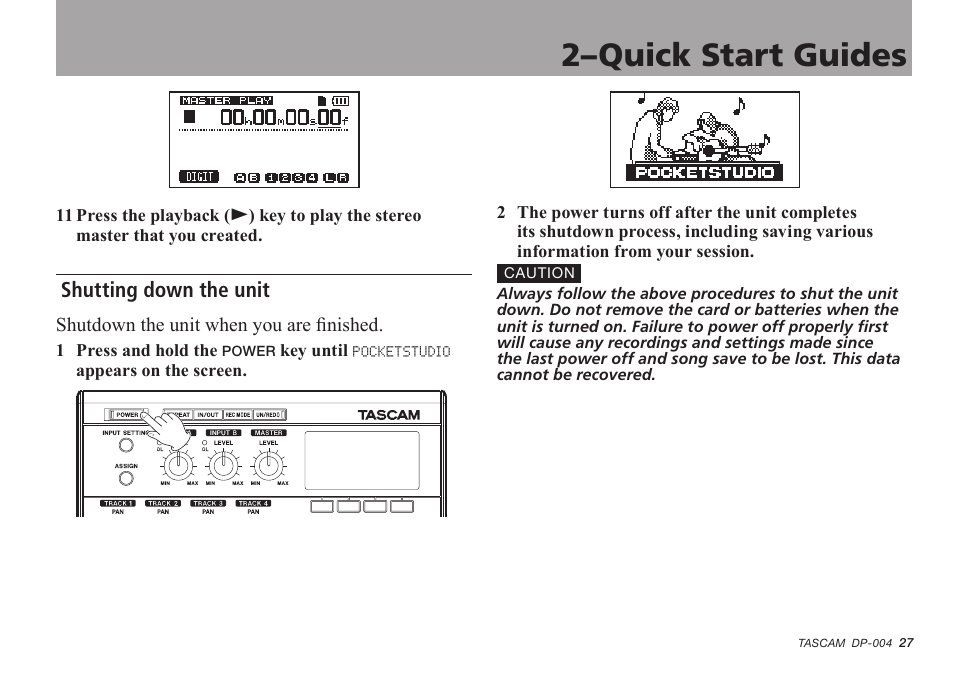 Shutting down the unit, 2–quick start guides | Tascam DP-004 User Manual | Page 27 / 112