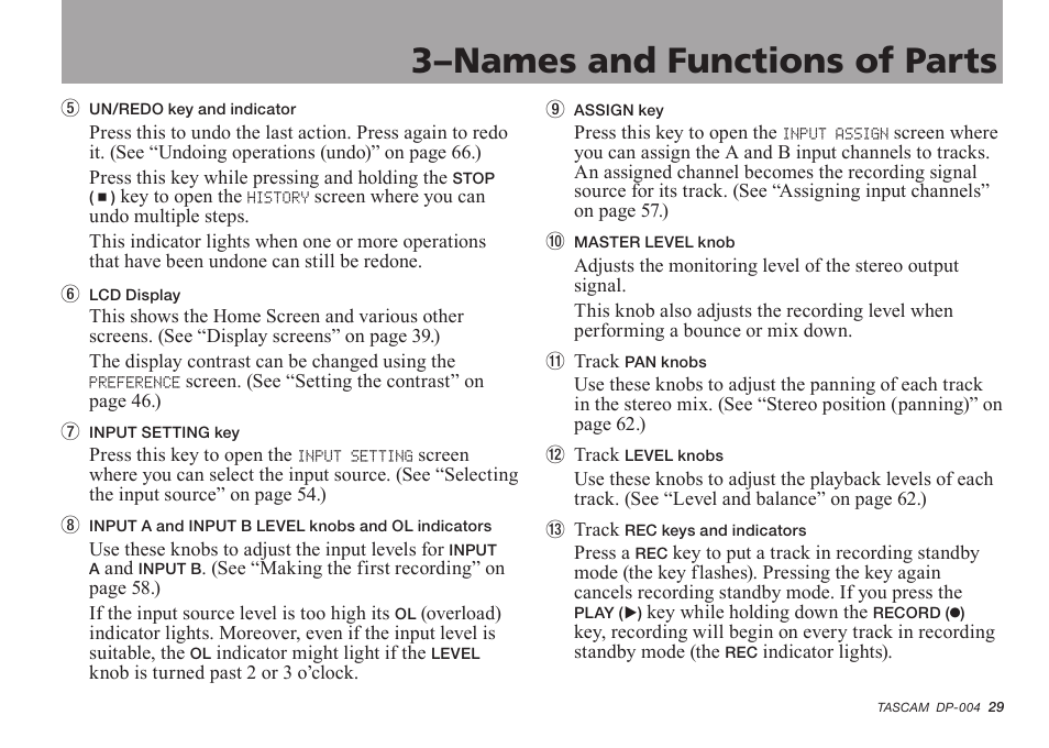 3–names and functions of parts | Tascam DP-004 User Manual | Page 29 / 112