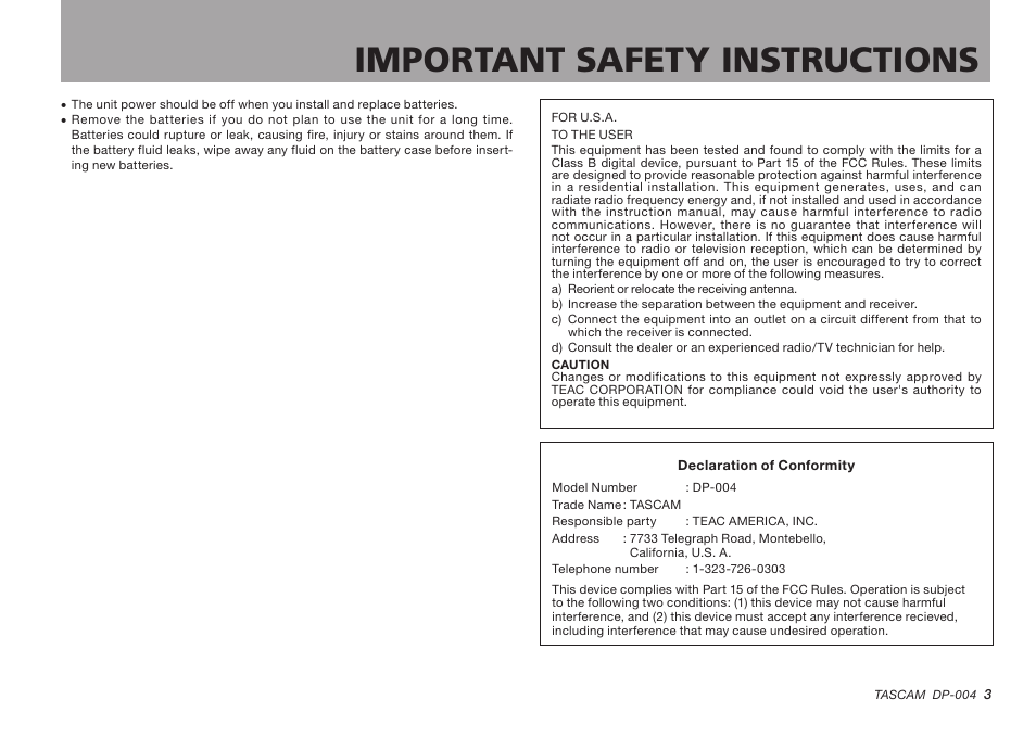 Important safety instructions | Tascam DP-004 User Manual | Page 3 / 112