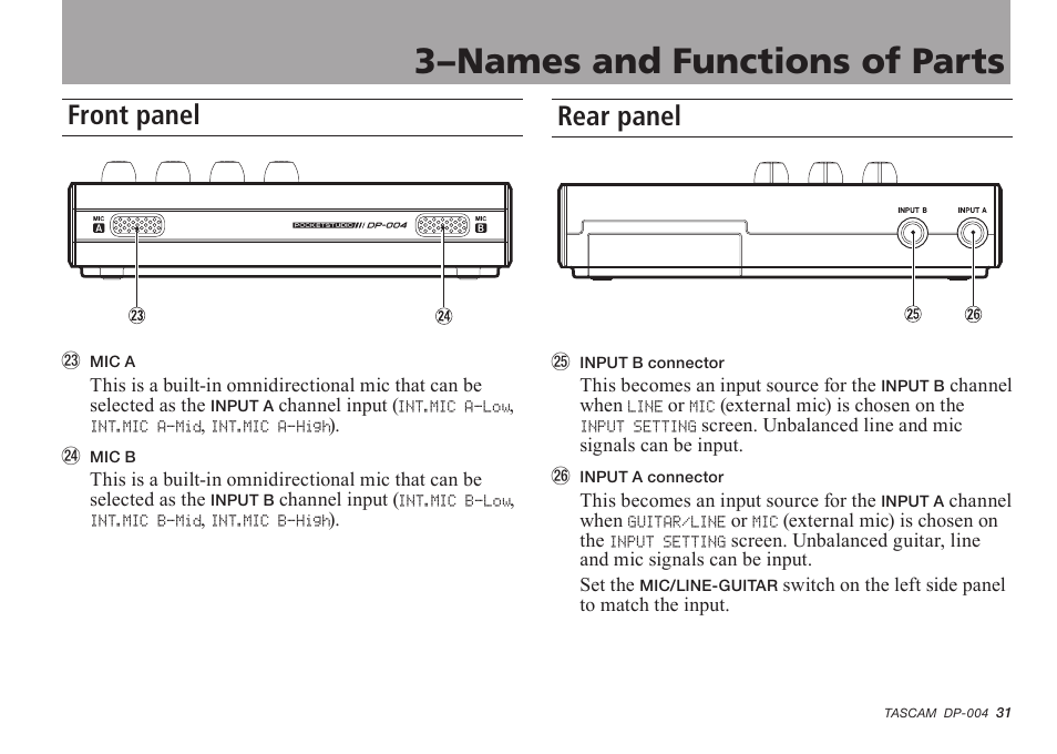 Front panel, Rear panel, 3–names and functions of parts | Tascam DP-004 User Manual | Page 31 / 112