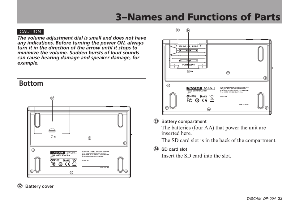 Bottom, 3–names and functions of parts | Tascam DP-004 User Manual | Page 33 / 112