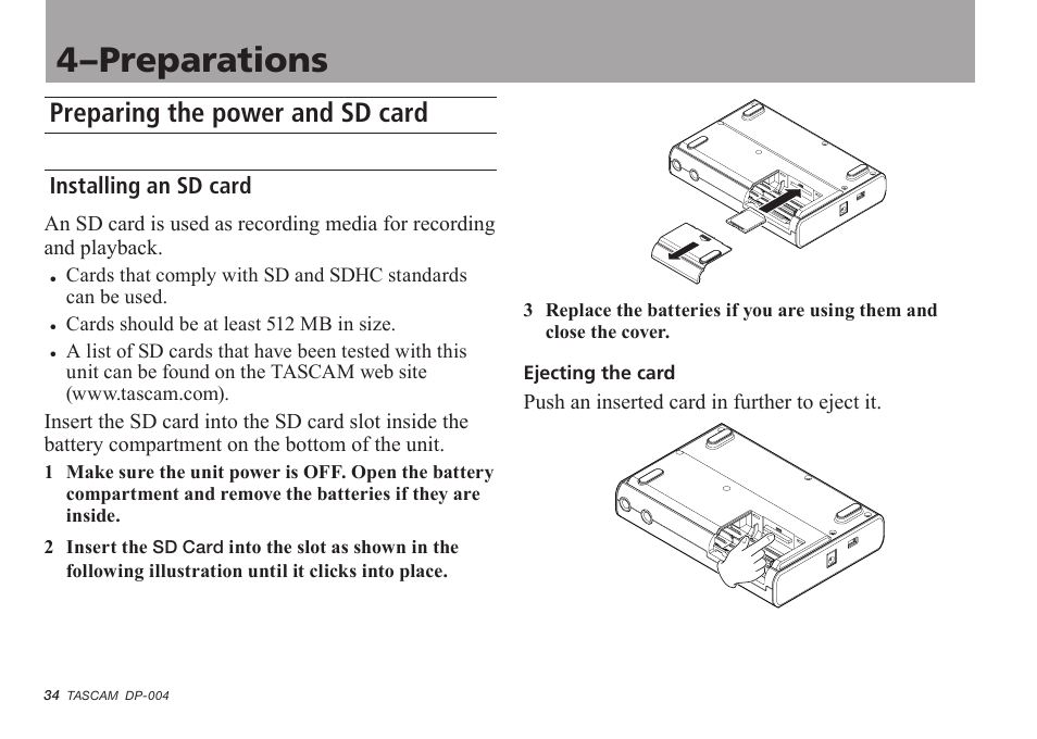 Preparations, Preparing the power and sd card, Installing an sd card | 4–preparations | Tascam DP-004 User Manual | Page 34 / 112