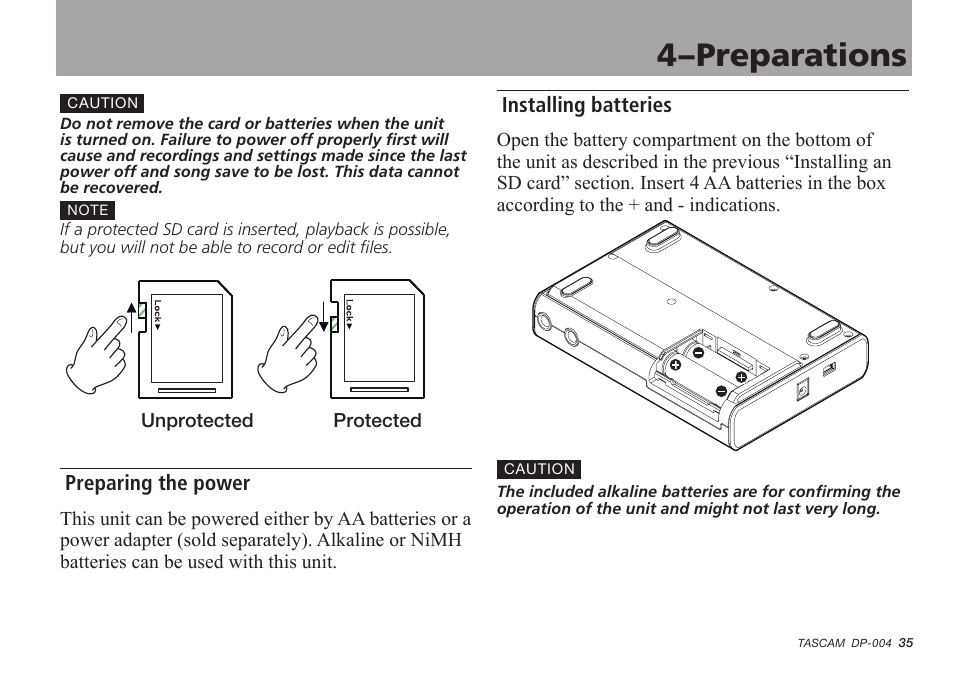 Preparing the power, Installing batteries, 4–preparations | Tascam DP-004 User Manual | Page 35 / 112