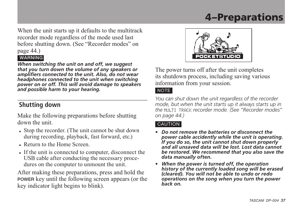 Shutting down, 4–preparations | Tascam DP-004 User Manual | Page 37 / 112