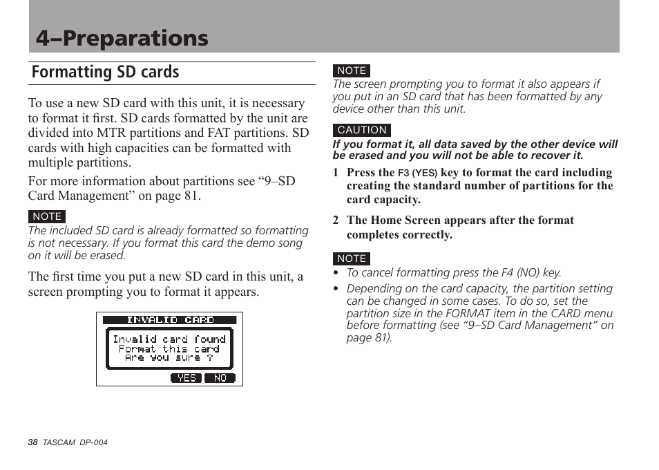 Formatting sd cards, 4–preparations | Tascam DP-004 User Manual | Page 38 / 112