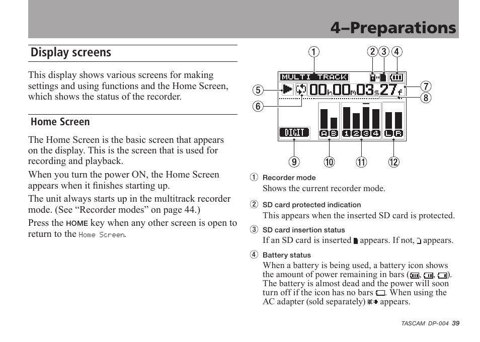 Display screens, Home screen, 4–preparations | Tascam DP-004 User Manual | Page 39 / 112