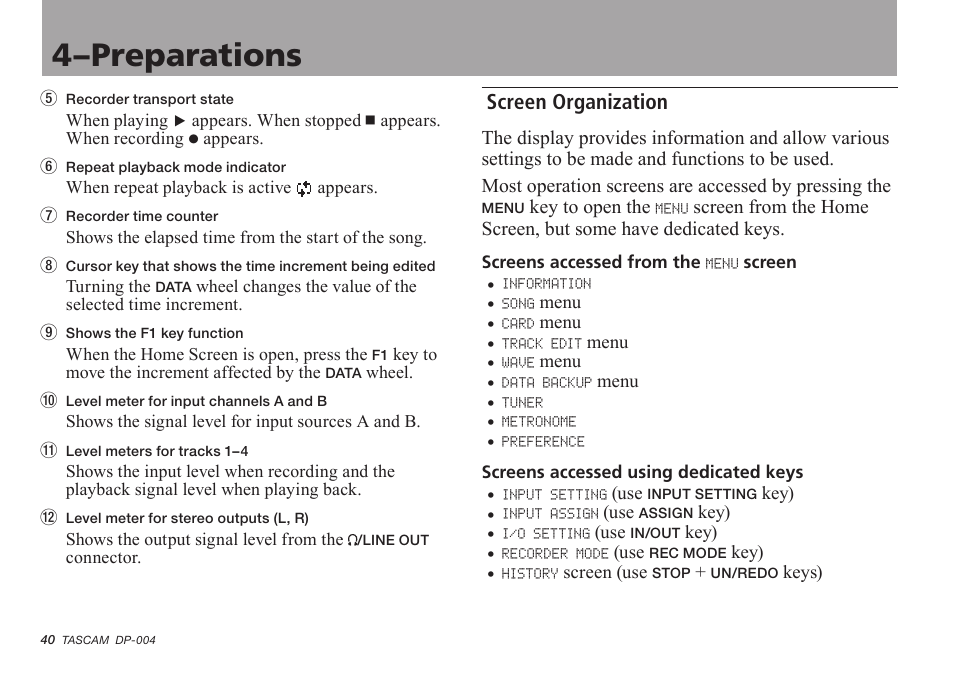 Screen organization, 4–preparations | Tascam DP-004 User Manual | Page 40 / 112