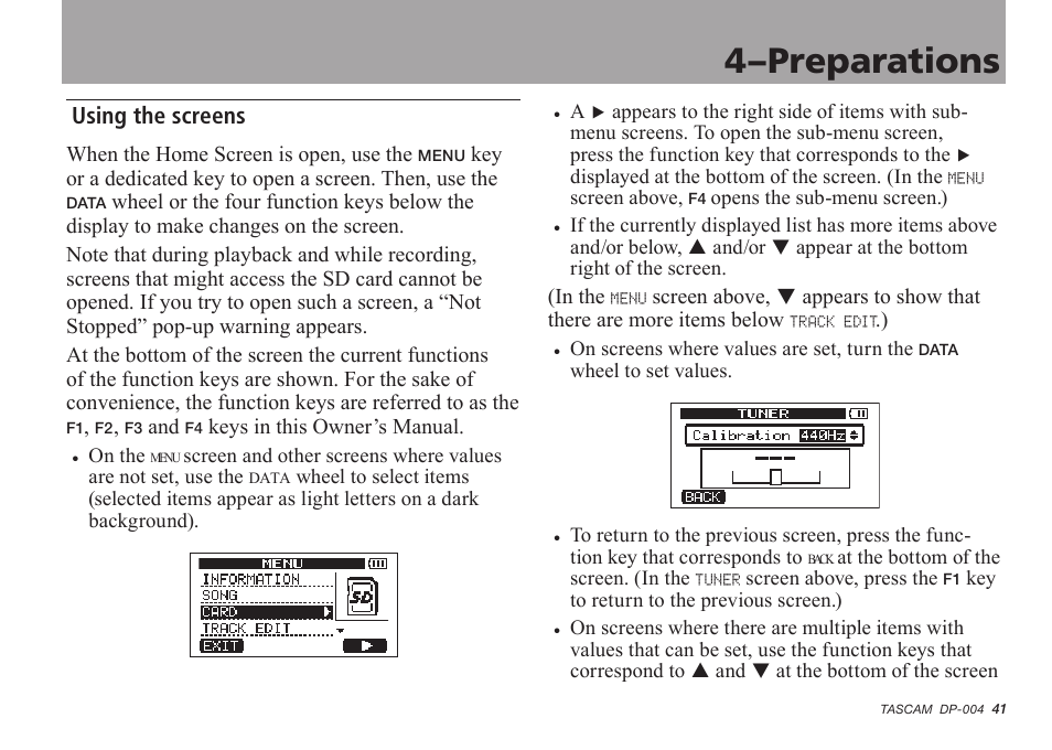 Using the screens, 4–preparations | Tascam DP-004 User Manual | Page 41 / 112