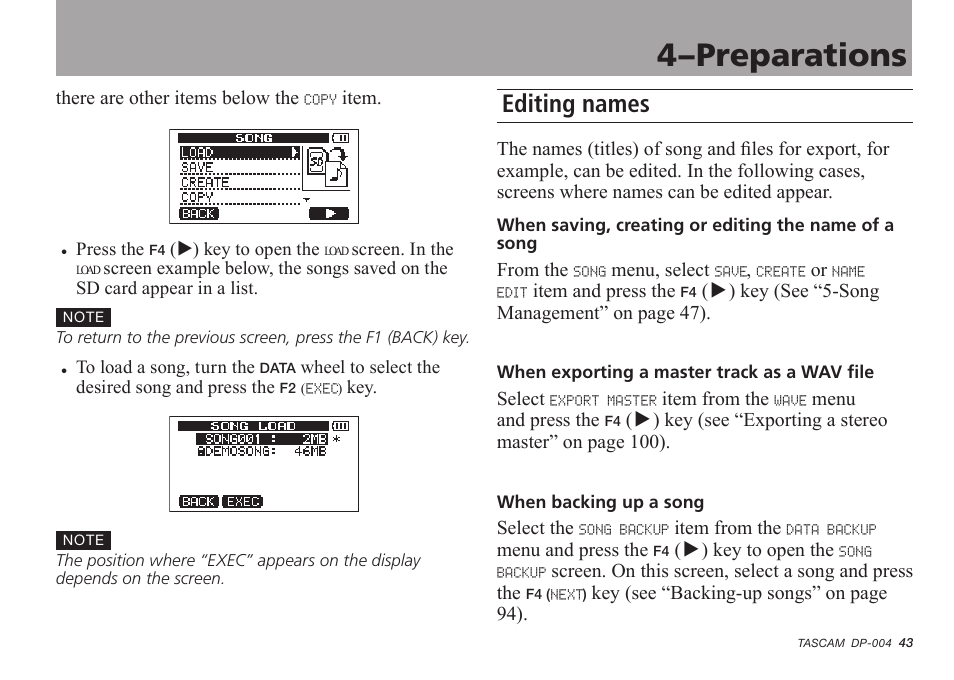 Editing names, 4–preparations | Tascam DP-004 User Manual | Page 43 / 112