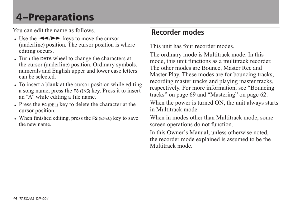 Recorder modes, See “recorder modes, 4–preparations | Tascam DP-004 User Manual | Page 44 / 112