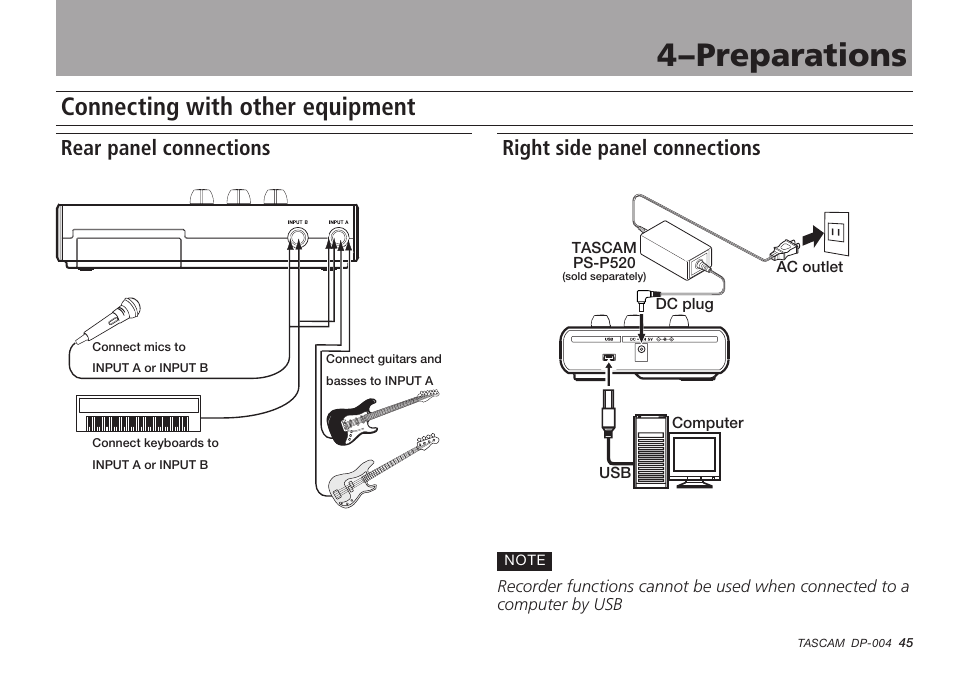 Connecting with other equipment, Rear panel connections, Right side panel connections | 4–preparations | Tascam DP-004 User Manual | Page 45 / 112