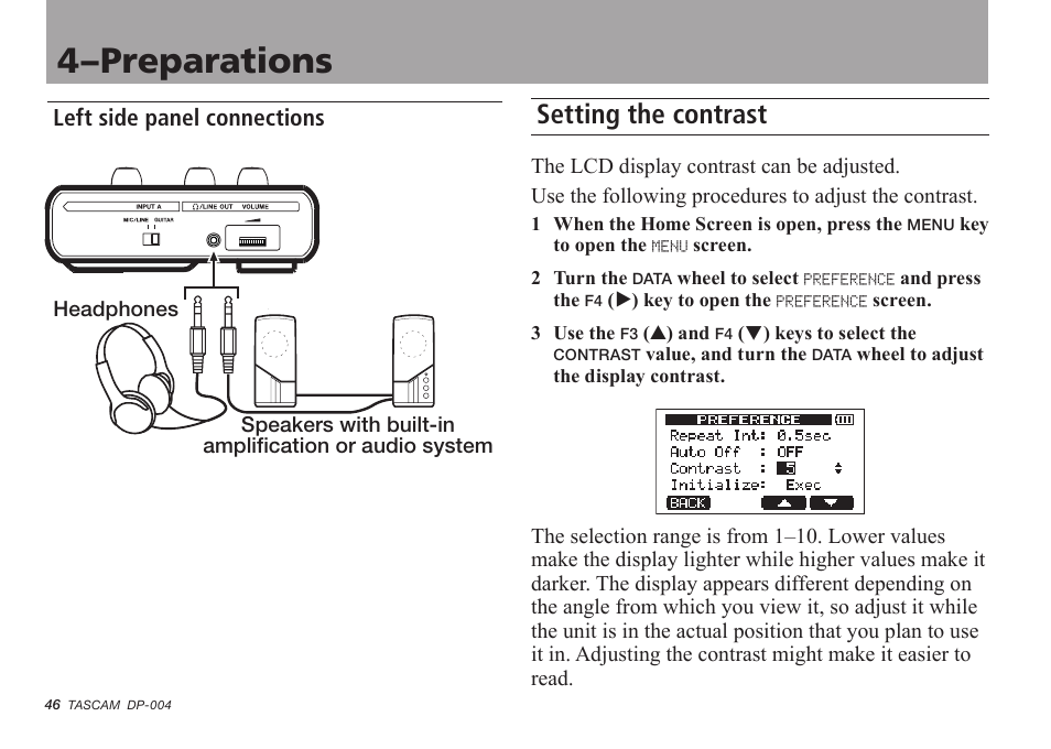 Left side panel connections, Setting the contrast, See “setting the contrast” on | 4–preparations | Tascam DP-004 User Manual | Page 46 / 112