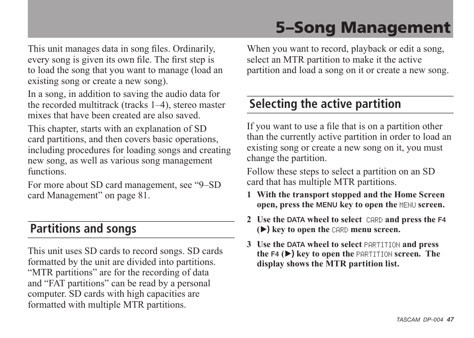 Song management, Partitions and songs, Selecting the active partition | 5–song management | Tascam DP-004 User Manual | Page 47 / 112