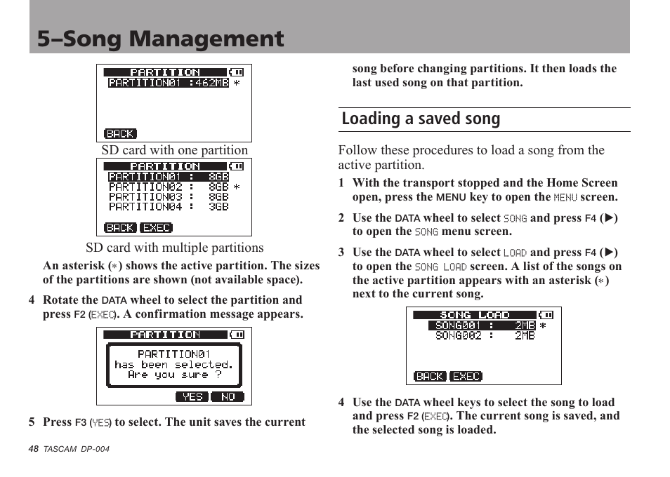 Loading a saved song, 5–song management | Tascam DP-004 User Manual | Page 48 / 112