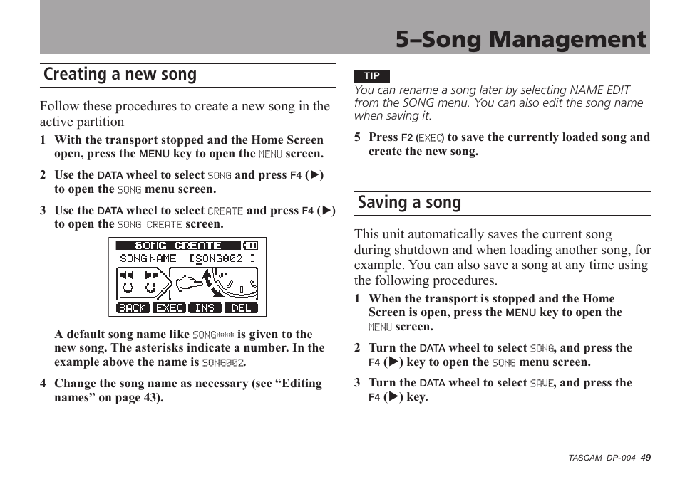 Creating a new song, Saving a song, 5–song management | Tascam DP-004 User Manual | Page 49 / 112