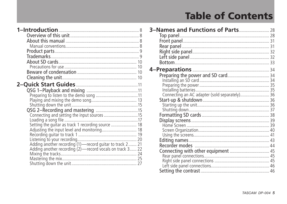 Tascam DP-004 User Manual | Page 5 / 112