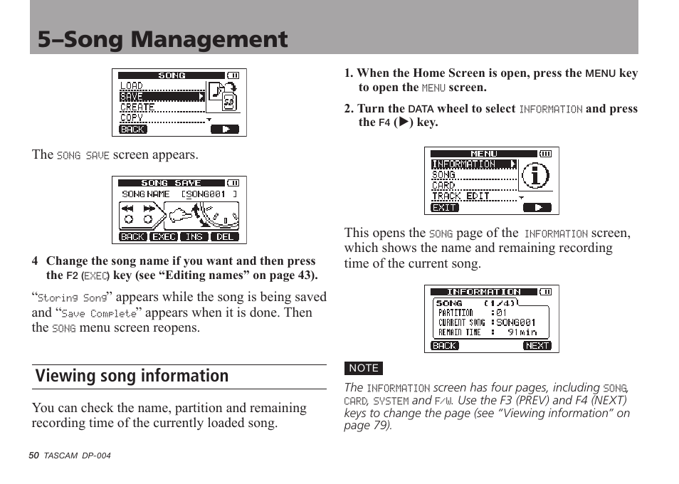 Viewing song information, 5–song management | Tascam DP-004 User Manual | Page 50 / 112