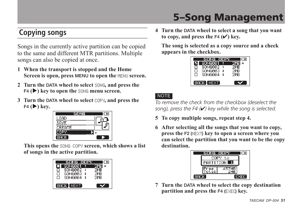 Copying songs, 5–song management | Tascam DP-004 User Manual | Page 51 / 112