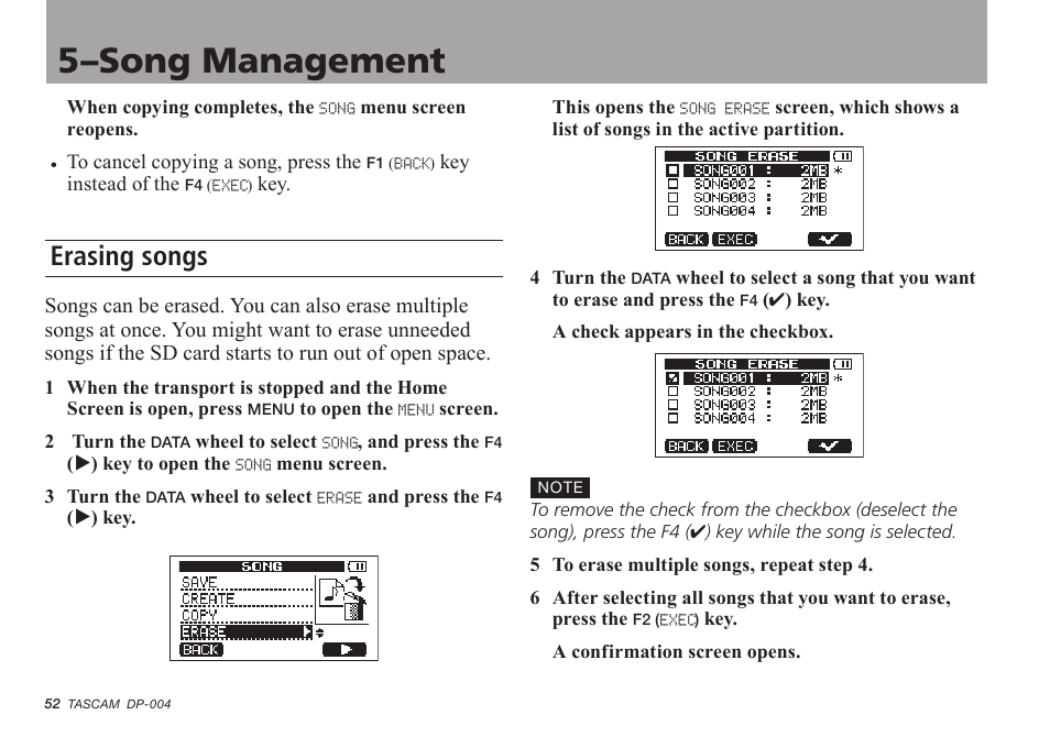 Erasing songs, See “5-song, 5–song management | Tascam DP-004 User Manual | Page 52 / 112