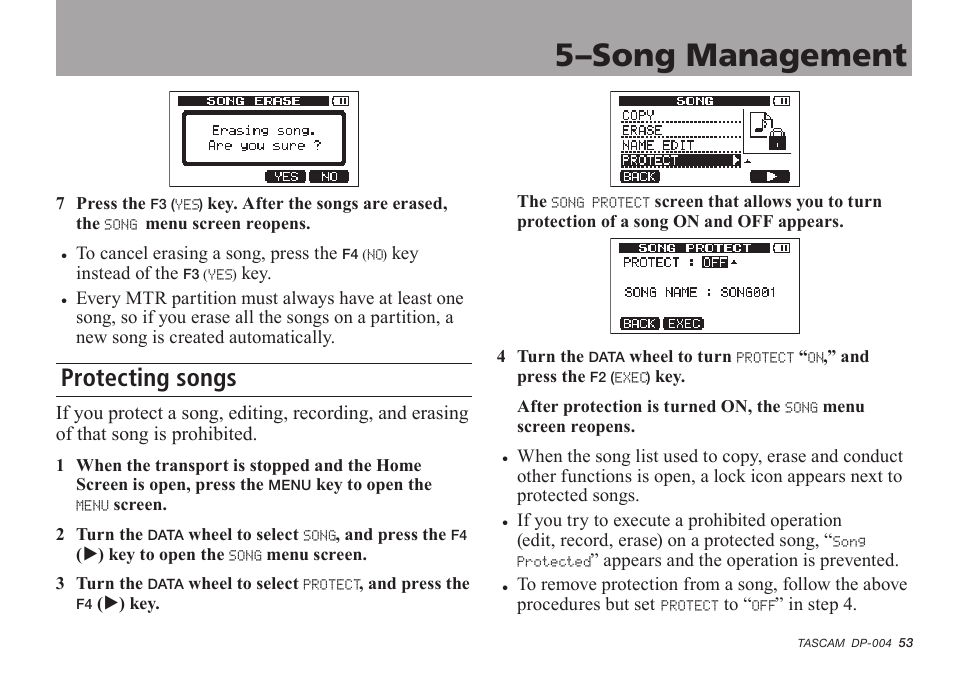 Protecting songs, 5–song management | Tascam DP-004 User Manual | Page 53 / 112