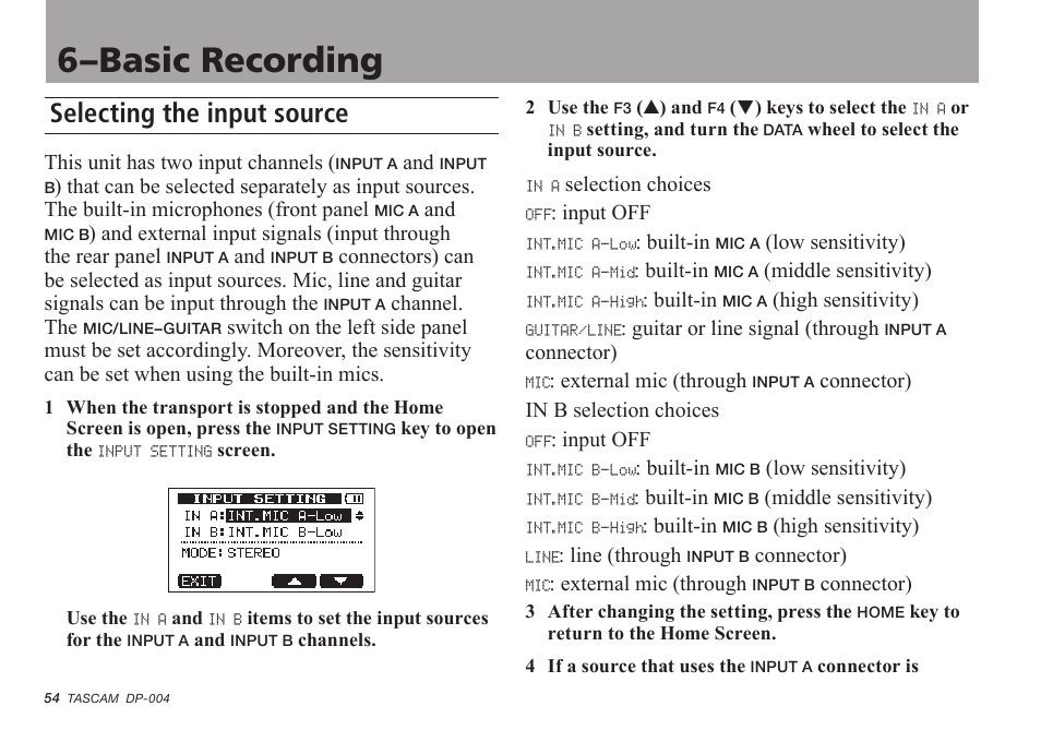 Basic recording, Selecting the input source, 6–basic recording | See “selecting | Tascam DP-004 User Manual | Page 54 / 112