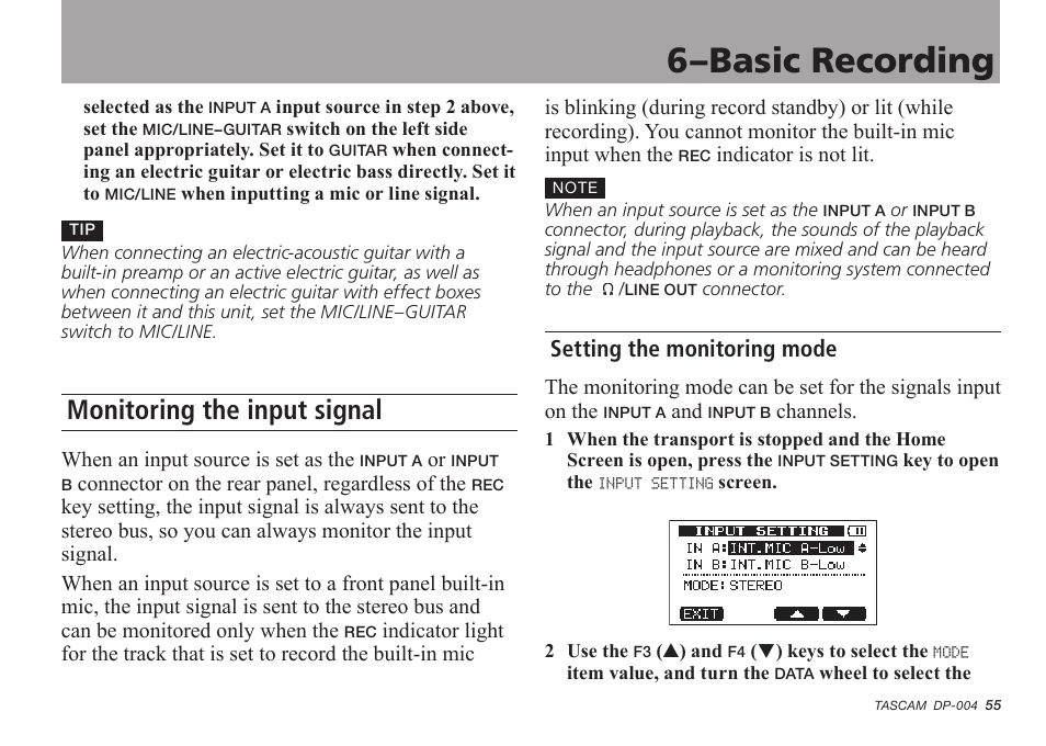 Monitoring the input signal, Setting the monitoring mode, 6–basic recording | Tascam DP-004 User Manual | Page 55 / 112