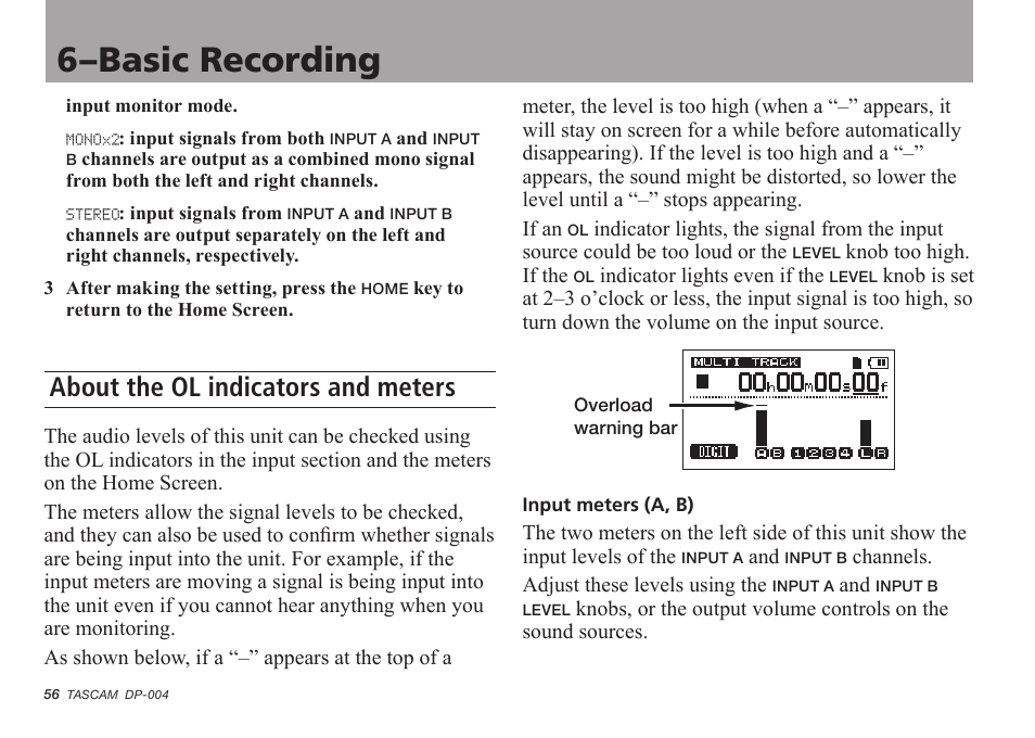 About the ol indicators and meters, 6–basic recording | Tascam DP-004 User Manual | Page 56 / 112