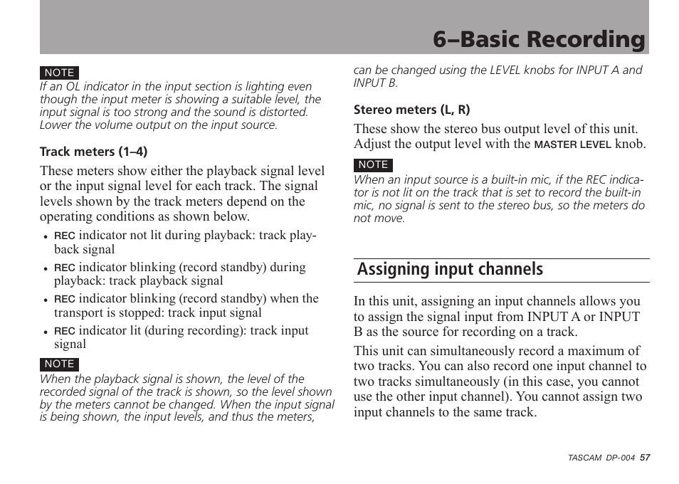 Assigning input channels, See “assigning input channels, 6–basic recording | Tascam DP-004 User Manual | Page 57 / 112