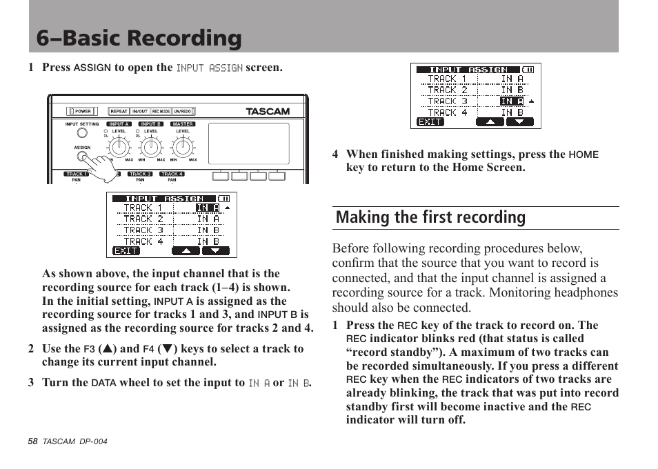 Making the first recording, See “making the first recording” on, 6–basic recording | Tascam DP-004 User Manual | Page 58 / 112