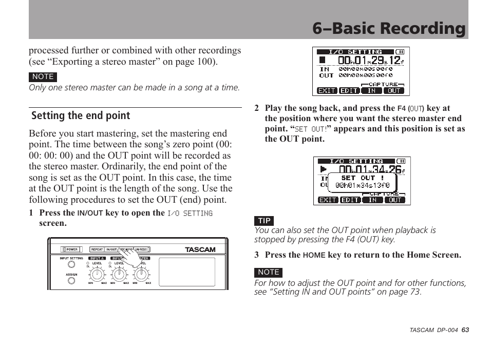 Setting the end point, 6–basic recording | Tascam DP-004 User Manual | Page 63 / 112