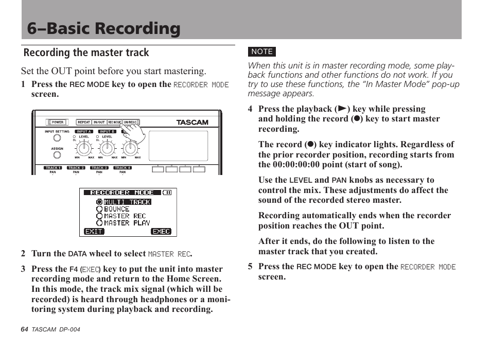 Recording the master track, 6–basic recording | Tascam DP-004 User Manual | Page 64 / 112