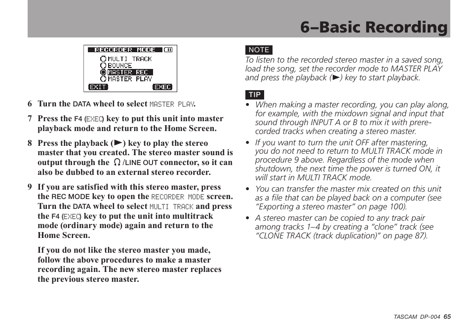 6–basic recording | Tascam DP-004 User Manual | Page 65 / 112