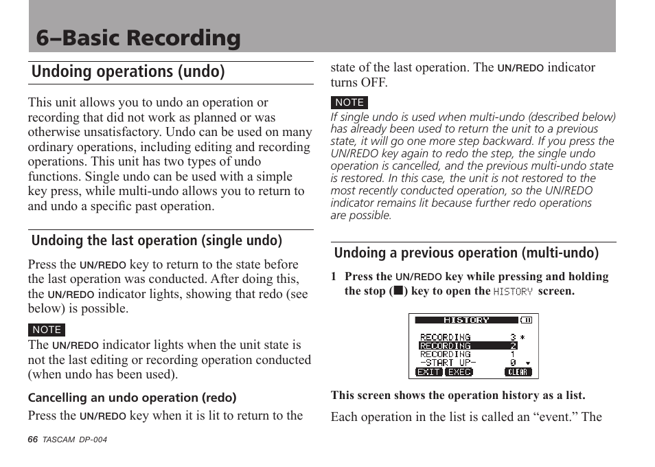 Undoing operations (undo), Undoing the last operation (single undo), Undoing a previous operation (multi-undo) | 6–basic recording | Tascam DP-004 User Manual | Page 66 / 112