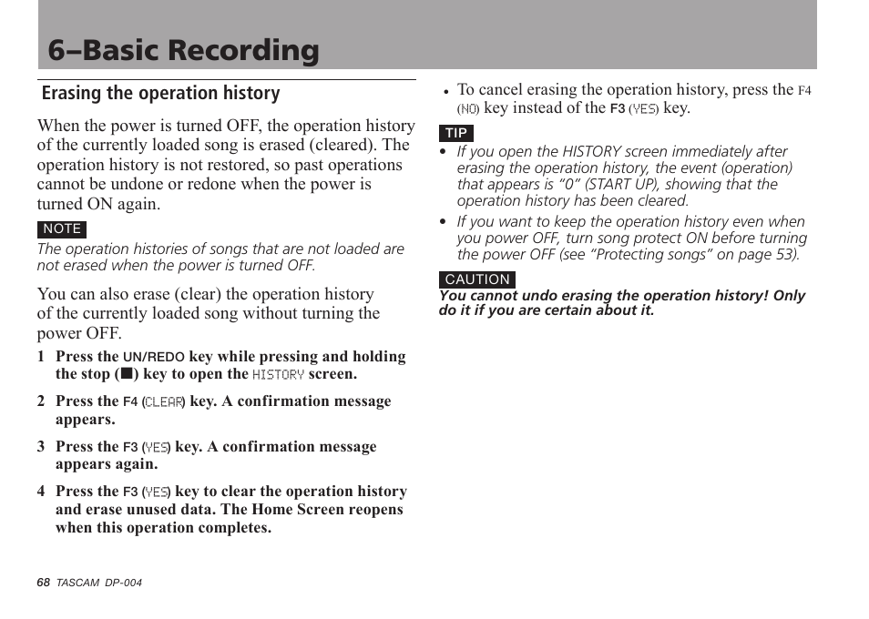 Erasing the operation history, 6–basic recording | Tascam DP-004 User Manual | Page 68 / 112