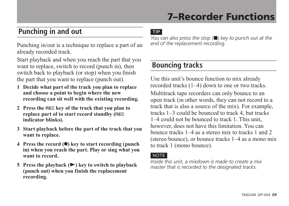 Recorder functions, Punching in and out, Bouncing tracks | 7–recorder functions | Tascam DP-004 User Manual | Page 69 / 112