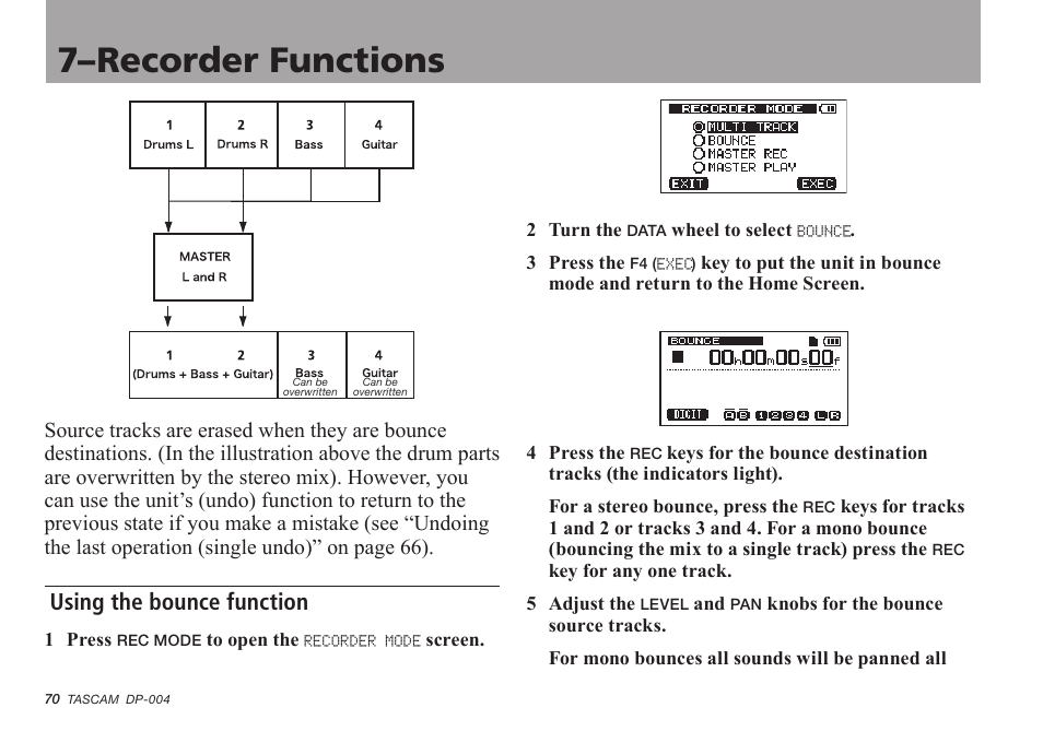 Using the bounce function, 7–recorder functions | Tascam DP-004 User Manual | Page 70 / 112