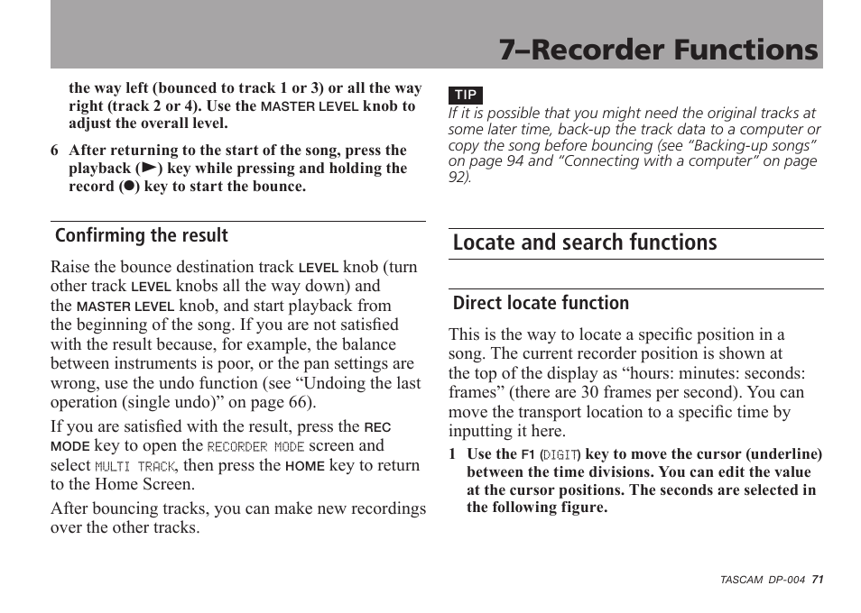 Confirming the result, Locate and search functions, Direct locate function | 7–recorder functions | Tascam DP-004 User Manual | Page 71 / 112