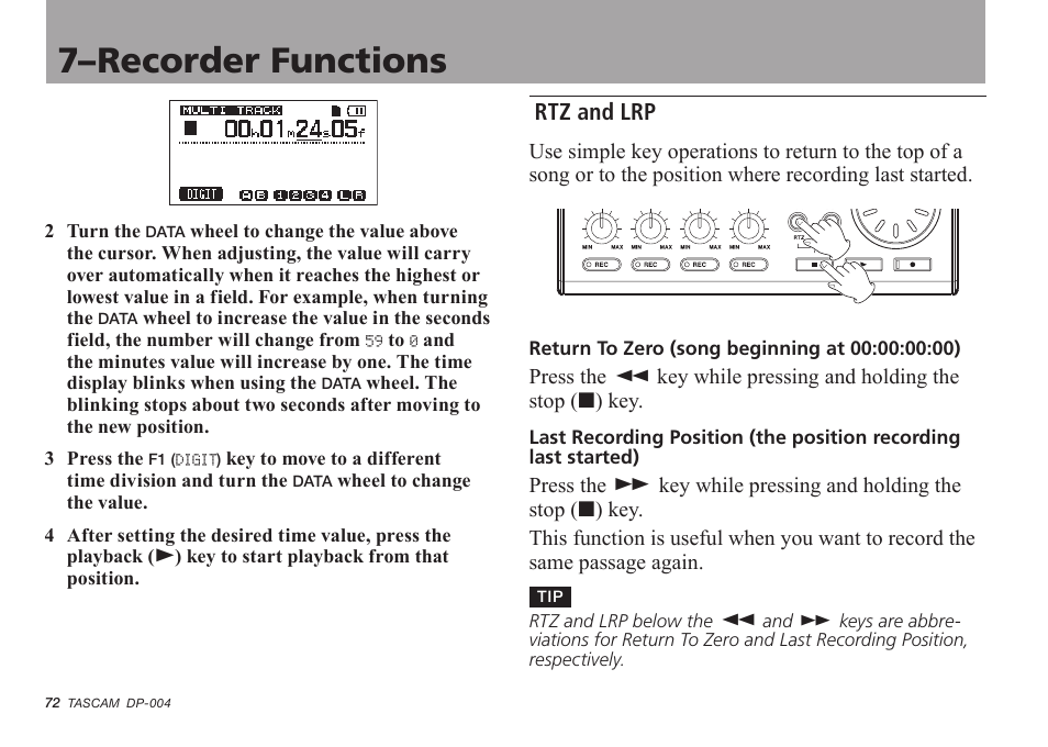 Rtz and lrp, See “rtz and lrp, 7–recorder functions | Tascam DP-004 User Manual | Page 72 / 112