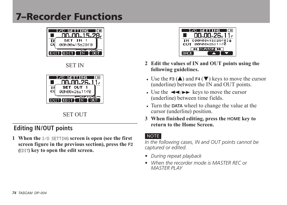 Editing in/out points, 7–recorder functions | Tascam DP-004 User Manual | Page 74 / 112