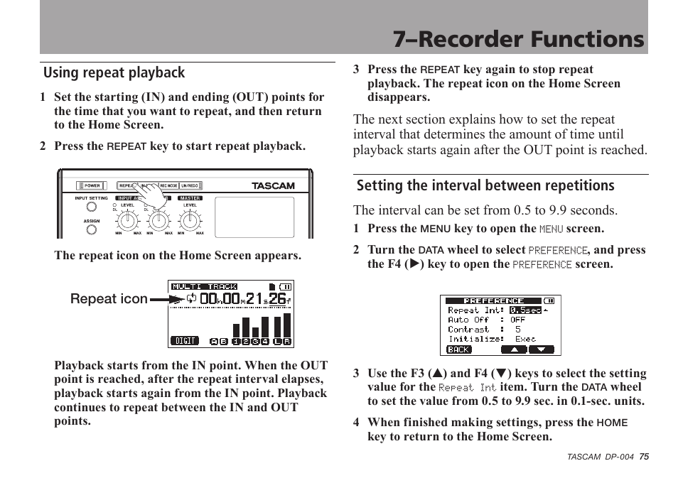 Using repeat playback, Setting the interval between repetitions, 7–recorder functions | Tascam DP-004 User Manual | Page 75 / 112