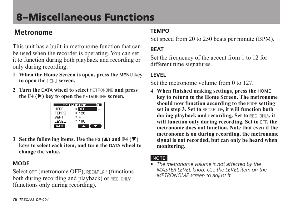 Miscellaneous, Metronome, 8–miscellaneous functions | Tascam DP-004 User Manual | Page 76 / 112