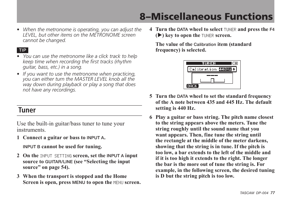 Tuner, 8–miscellaneous functions | Tascam DP-004 User Manual | Page 77 / 112