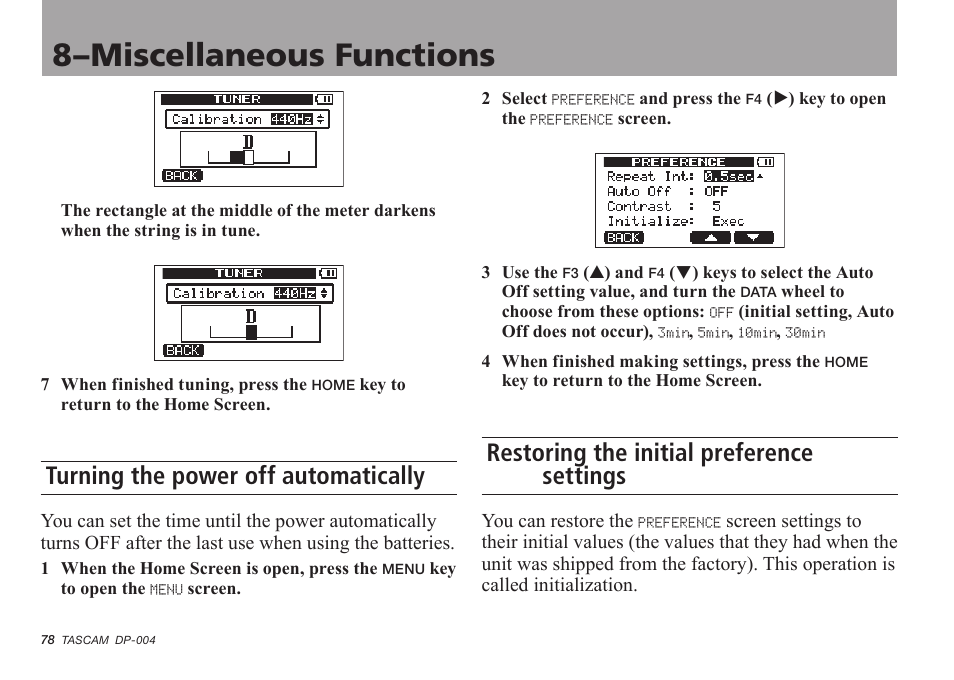 Turning the power off automatically, Restoring the initial preference settings, 8–miscellaneous functions | Tascam DP-004 User Manual | Page 78 / 112