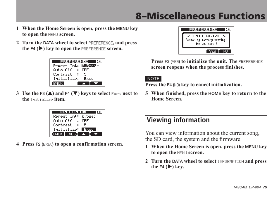 Viewing information, Sd card management, 8–miscellaneous functions | Tascam DP-004 User Manual | Page 79 / 112